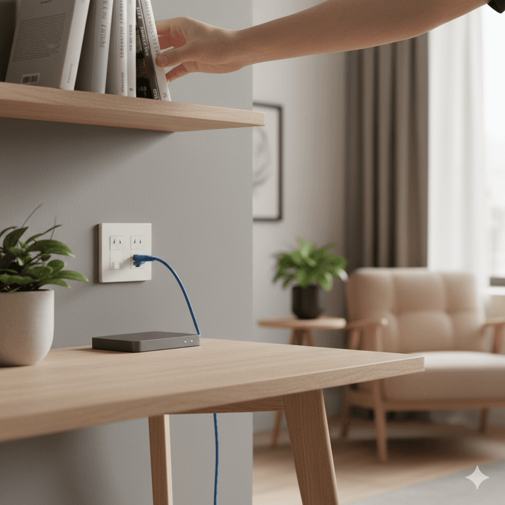 Modern home office with discreet wall plate, hand reaching for a book