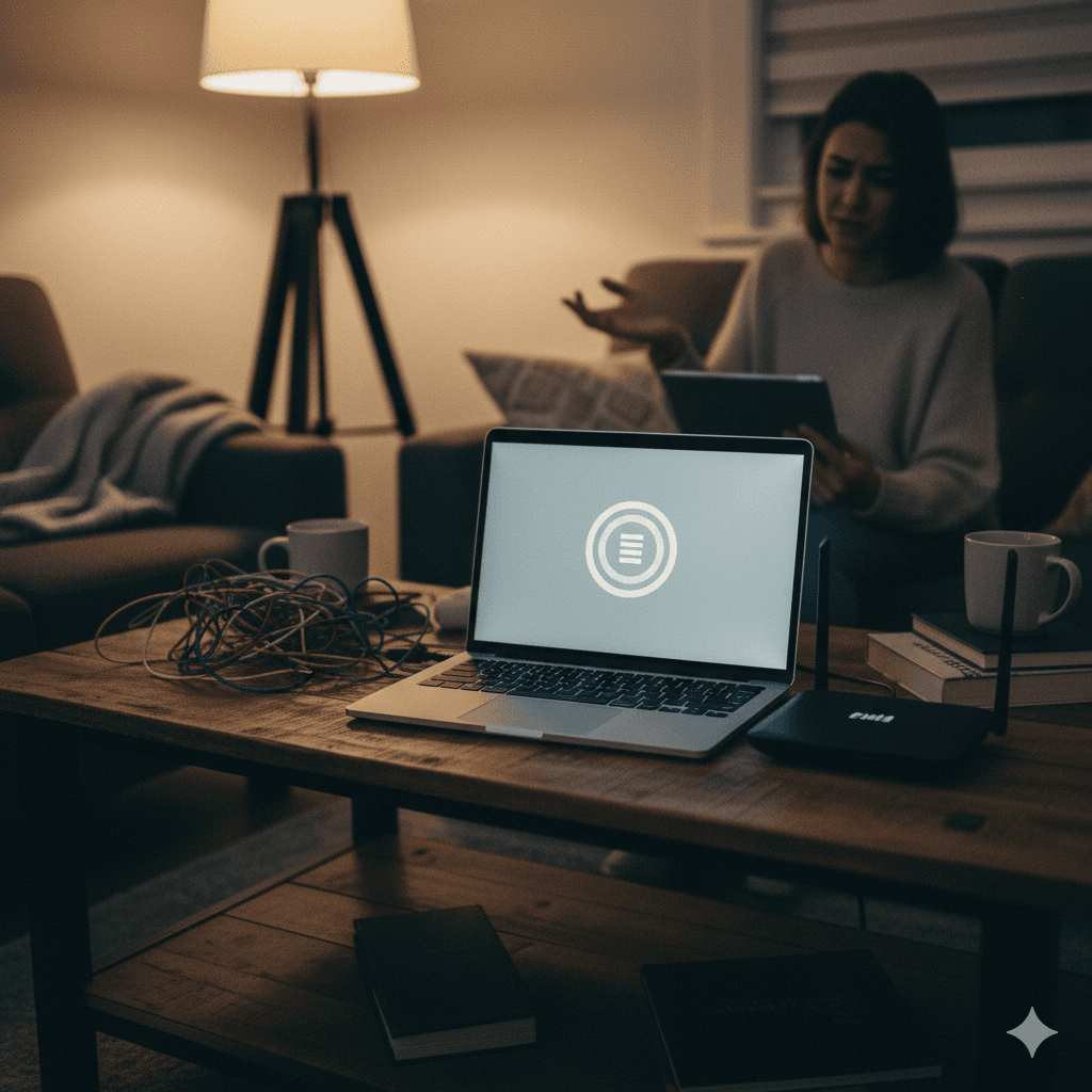 Living room with buffering laptop, messy WiFi router